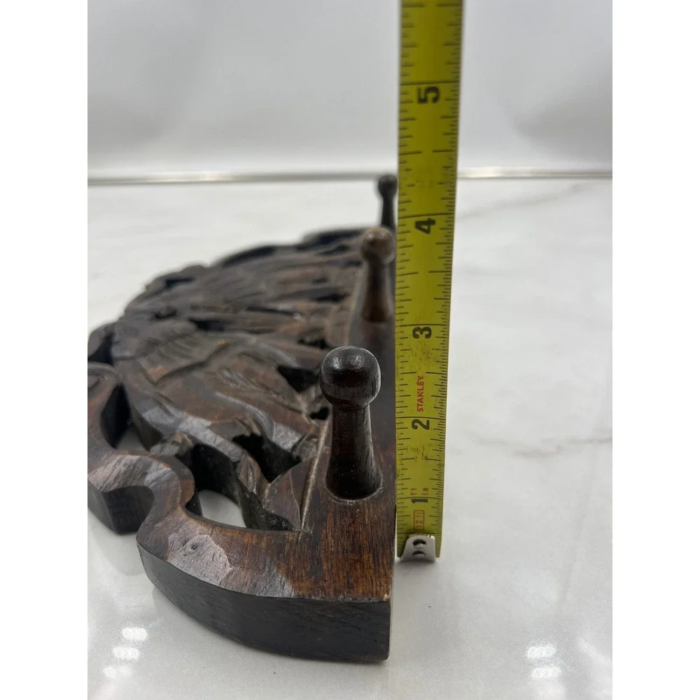VTG Hand Carved Wood Elephant Wall Hook Rack 3 Peg Key Holder Brown Boho Decor
